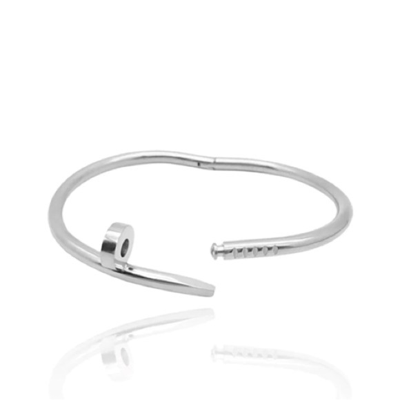 Silver Plated Nail Screw Tack Bangle Minimalist Punk Bracelet - Picture 9 of 10